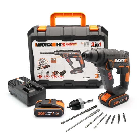 Worx Wx390.1 20Volt 2.0Ah. Li-İon 1.2J Profesyonel Sds-Plus Pnömatik Çift Akülü Şarjlı Matkap + 8 Adet Uç + Mandren ürün görseli 1