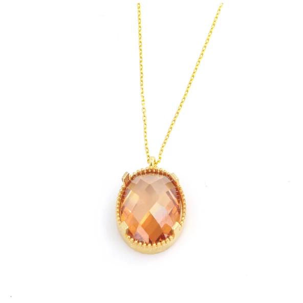 925 Ayar Gümüş Oval Sitrin Taşlı Kolye - Resim 4