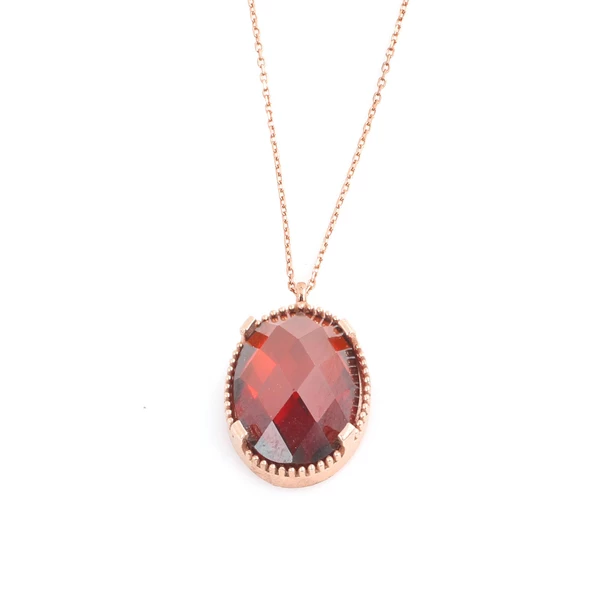 925 Ayar Gümüş Oval Garnet Taşlı Kolye - Resim 3