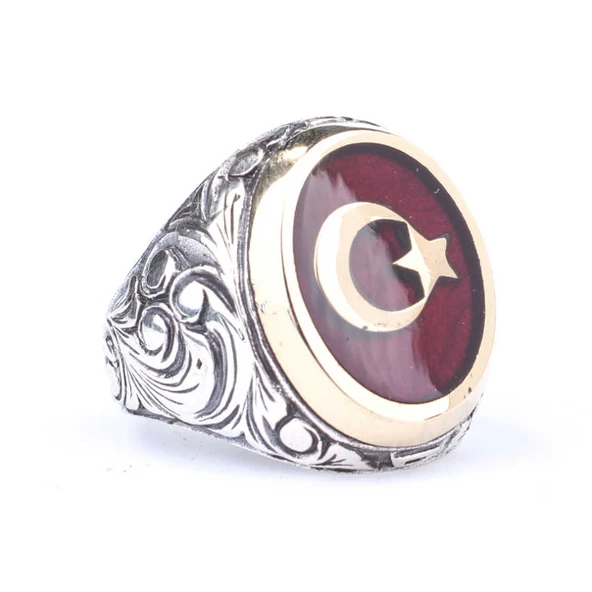 925 Ayar Gümüş ve Bronz Oval Kırmızı Mineli Ay Yıldız Desenli Erkek Yüzük ürün görseli 1