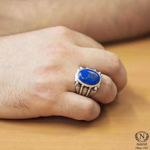 925 Ayar Gümüş Oval Lapis Taşlı Erkek Yüzük ürün görseli 1