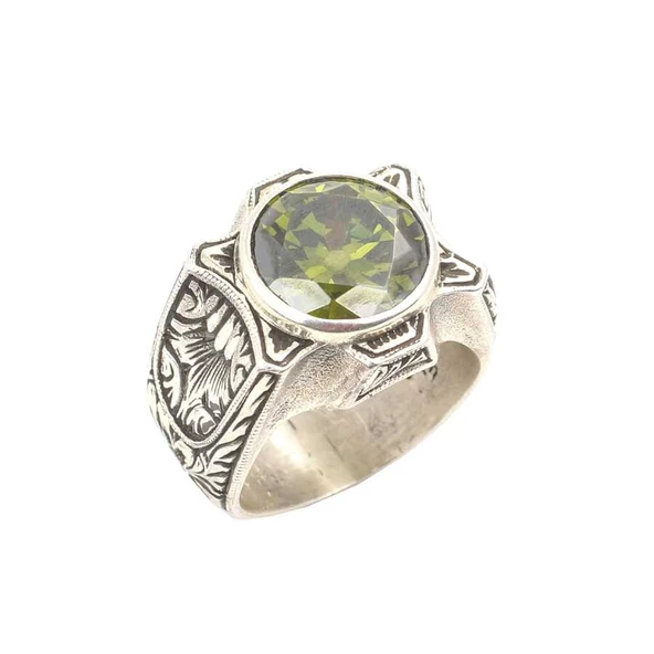925 Ayar Gümüş Yuvarlak Peridot Taşlı Kalemli Erkek Yüzük ürün görseli 1
