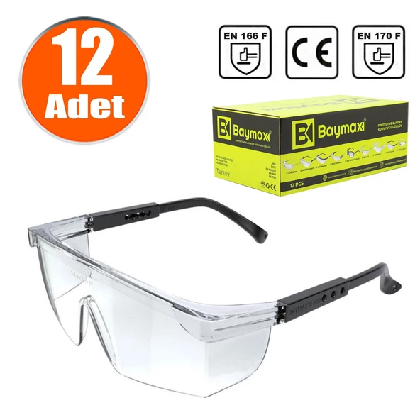 Baymax İş Güvenlik Gözlüğü Kulak Ayarlı Koruyucu Çapak Gözlük Şeffaf (12 ADET) ürün görseli 1