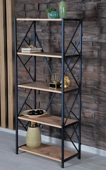 5 Katlı Kitaplık - Metal Ayaklı Ahşap Kitaplık, Dekoratif Raf  Meşe ürün görseli 1