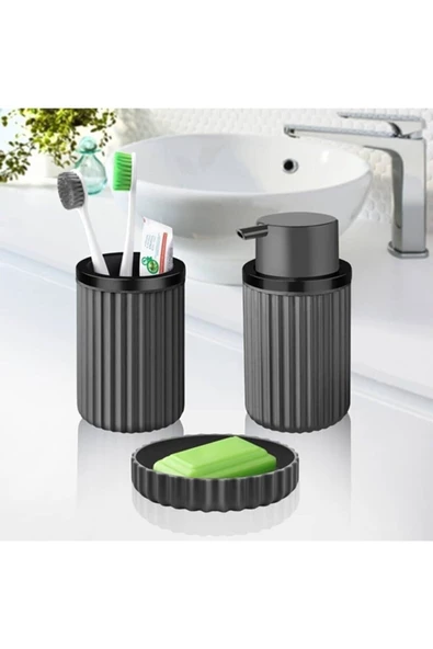 SAS Banyo Takımı Diş Fırçalık Sıvı Sabunluk Katı Sabunluk 3Lü Set Gri ürün görseli 1