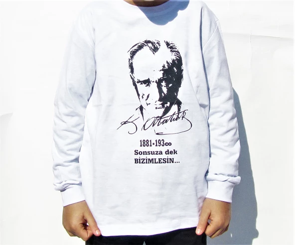 salarticaret uzun kollu beyaz atatürk tişört ünisex model ürün görseli 1