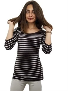Kahverengi Çizgili Kolları Düğmeli Tişört ürün görseli 1