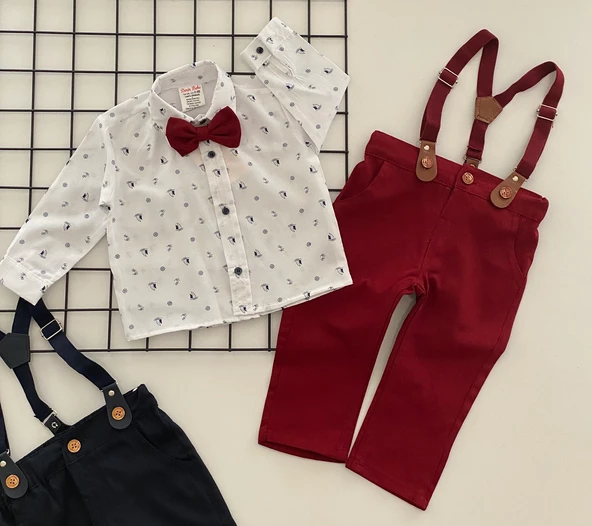 Derin Bebe Papyonlu Pantolon Askılı Gömlekli Takım Bordo ürün görseli 1