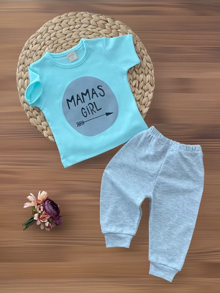 Nikuby Neşeli Bebeklerimiz Mamas Girl Baskılı Kısa Kollu Penye Takım Yeşil ürün görseli 1
