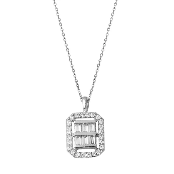 Crystal Baget Taşlı Beyaz Altın Kolye ürün görseli 1