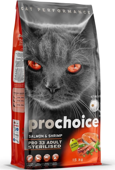 Prochoice Pro 33 Sterilised Somonlu ve Karidesli Kısırlaştırılmış Yetişkin Kedi Maması 15 KG ürün görseli 1