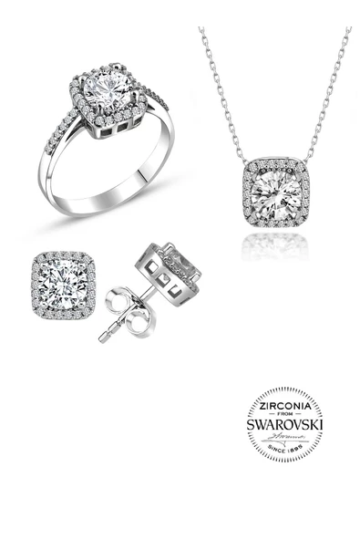 Gümüş Swarovski taşlı pırlanta modeli kare üçlü set SGTL20515SET ürün görseli 1