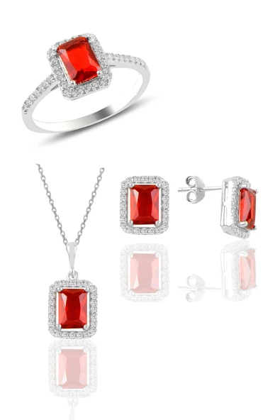 Gümüş rodyumlu kırmızı taşlı baget üçlü set SGTL10733KIRMIZI ürün görseli 1