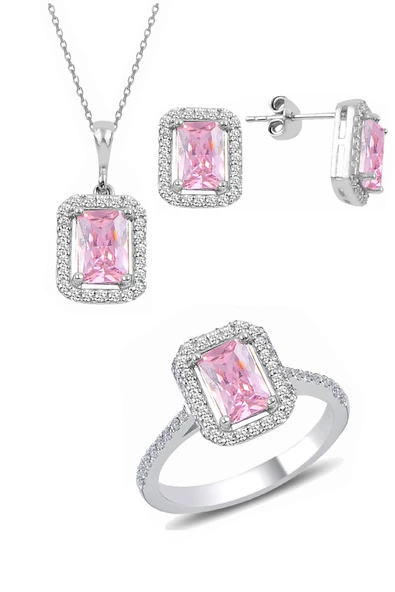 Gümüş rodyumlu pembe baget taşlı üçlü set SGTL10733PEMBE ürün görseli 1