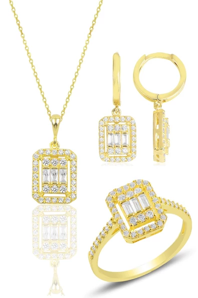 Gümüş altın yaldızlı baget taşlı çizgili üçlü set SGTL11565GOLD ürün görseli 1