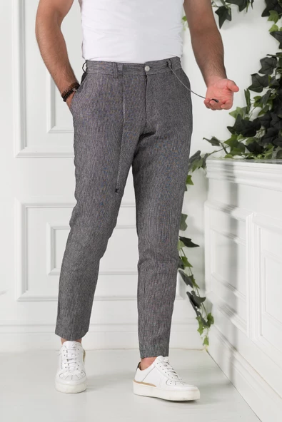BELİ İPLİKLİ ÇİZGİLİ REGULAR FİT KETEN ERKEK JOGGER PANTOLON ürün görseli 1