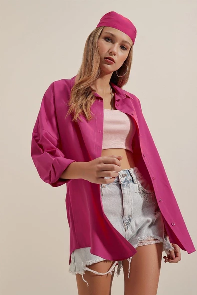 Kadın Oversize Gömlek Fuşya - Resim 3