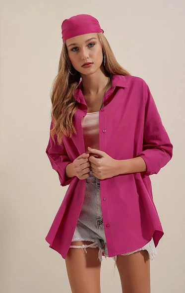 Kadın Oversize Gömlek Fuşya - Resim 7