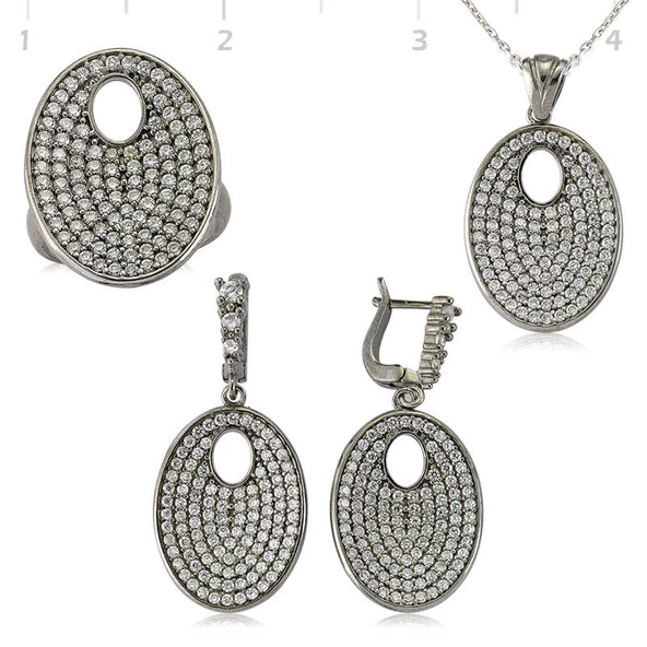 Gümüş Beyaz Taşlı Oval Bayan Set - Resim 2