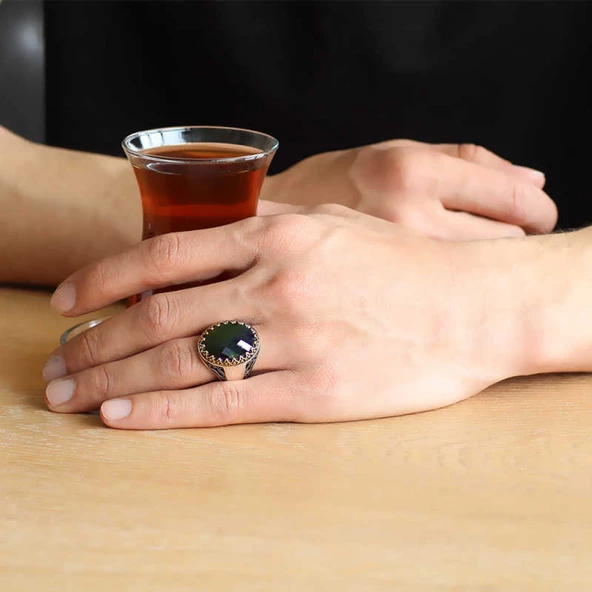 Gümüş Yeşil Zirkon Taşlı Erkek Yüzük ürün görseli 1