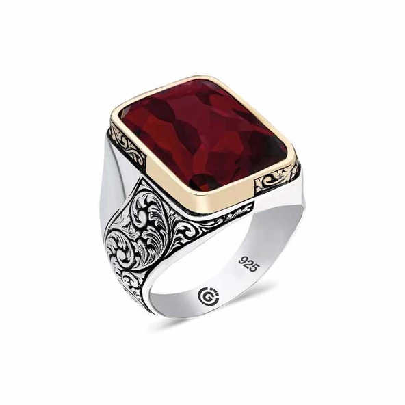 ​Gümüş Bordo Taşlı Köşeli Erkek Yüzük ürün görseli 1