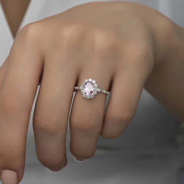 Gümüş Pembe Oval Taşlı Kadın Yüzük ürün görseli 1