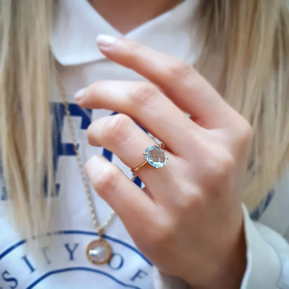 14k Altın Mavi Topaz Taşlı Yüzük ürün görseli 1