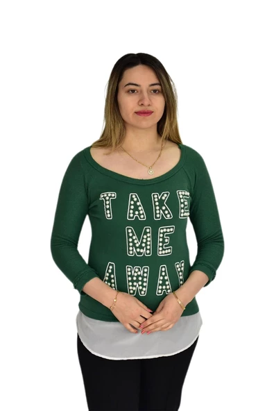 Kadın Boncuk İşli Kayık Yaka Sweat BRG-37415 ürün görseli 1