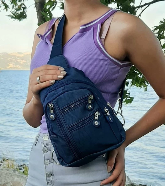 Fiyra bb1 Lacivert Krinkıl Kumaş Beş Bölmeli  Body Bag Bayan Çanta ürün görseli 1