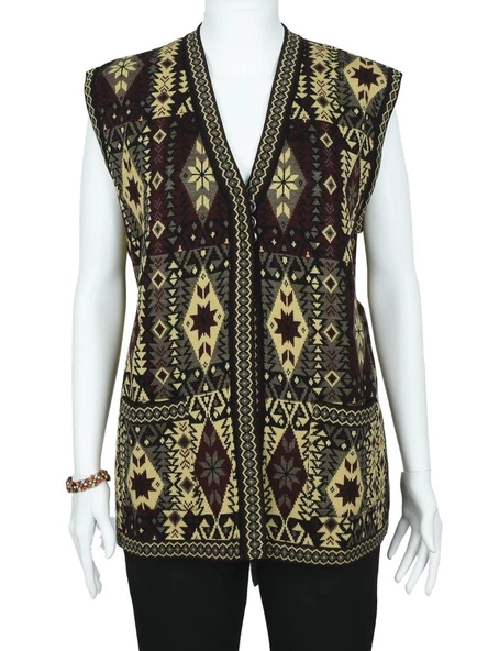 Kilim Desenli Üç Düğmeli Sarı Renk Kadın Triko Yelek ürün görseli 1