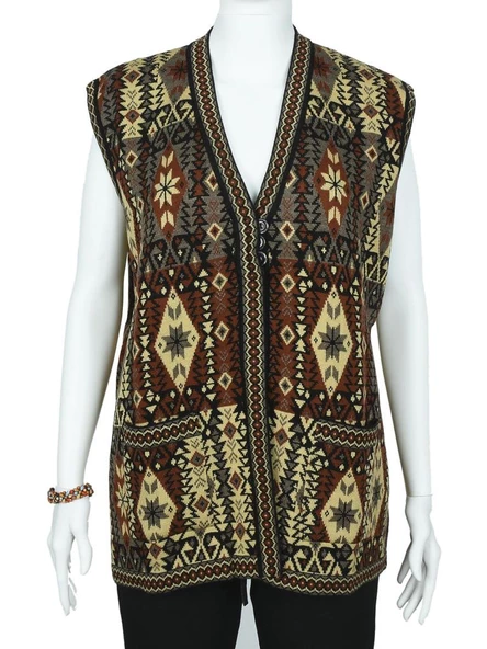 Kilim Desenli Üç Düğmeli Kırmızı Renk Kadın Triko Yelek ürün görseli 1