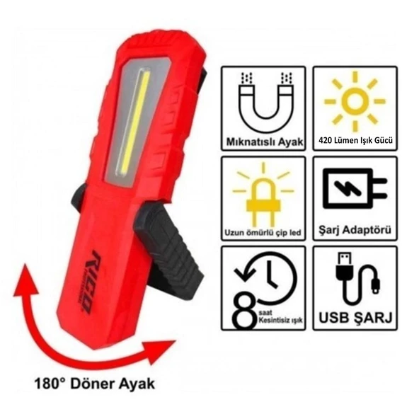 Rico RC0038 Ledli El Feneri Lambası 3 Modlu 420 Lümen Şarjlı Mıknatıslı Fener ürün görseli 1