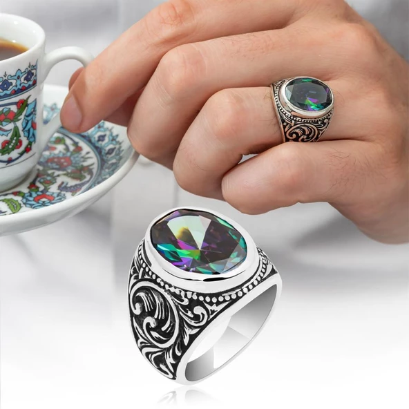 Oval Mistik Topaz Taşlı 925 Gümüş Erkek Yüzük ürün görseli 1