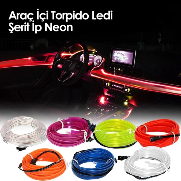 Araç Araba İçi Torpido Ledi Renkli İp Neon İp Led 2 Metre ürün görseli 1