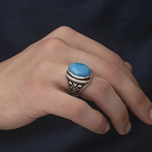 Gümüş Zirkon Turkuaz Taşlı Oval Erkek Yüzük ürün görseli 1