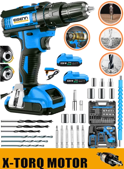 Eisenn Germany Technology Bİ-METAL BLUE 328 Vf 20 Ah Samsung Çift Akülü Vidalama Şarjlı Matkap  Usta Set Hediyeli ürün görseli 1