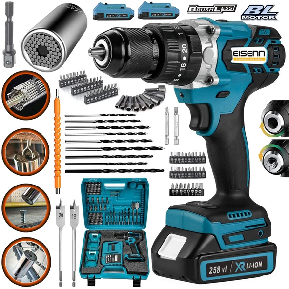 Eisenn Germany Technology Bl Fırçasız Motor 258 Vf 20 Ah Çift Akülü Matkap Set Üniversal Soket Hediye ürün görseli 1
