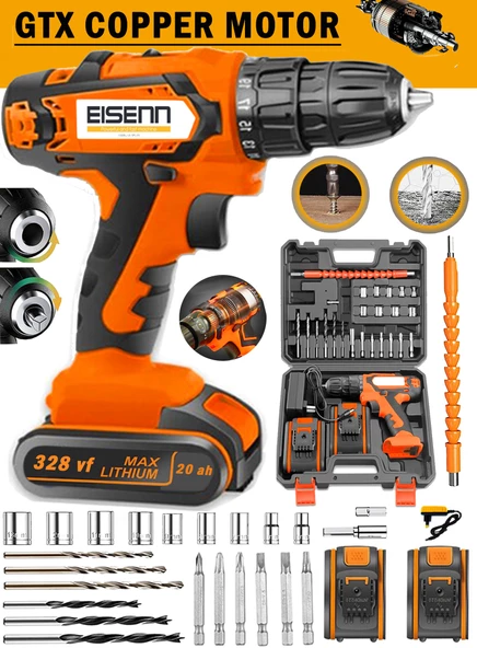 Eisenn Germany Technology ORNJ-COPPER DARBELİ 328 Vf 20 Ah Metal Şanzıman Akülü Vidalama Matkap Set Hediyeli ürün görseli 1