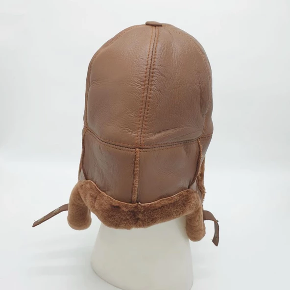 Pilot Model İçi Kürklü Camel Renk Deri Şapka - Resim 6