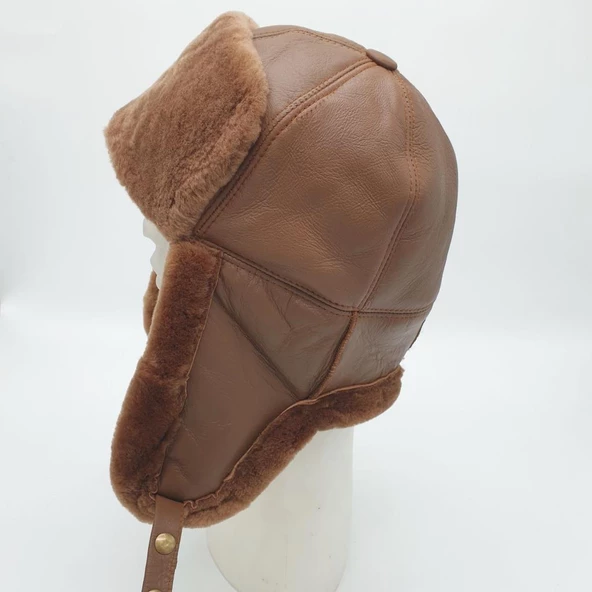 Pilot Model İçi Kürklü Camel Renk Deri Şapka - Resim 3