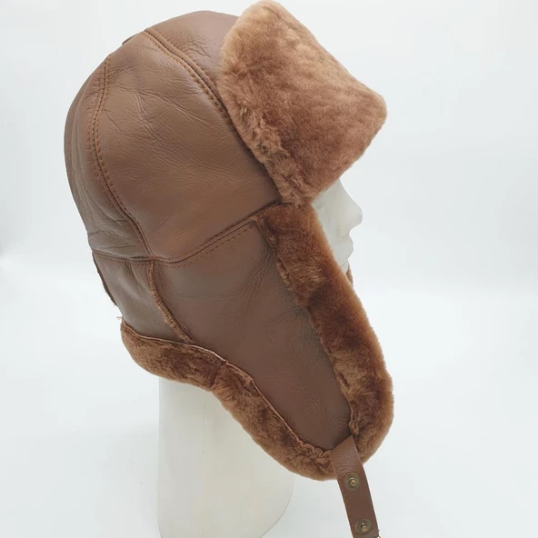 Pilot Model İçi Kürklü Camel Renk Deri Şapka - Resim 8