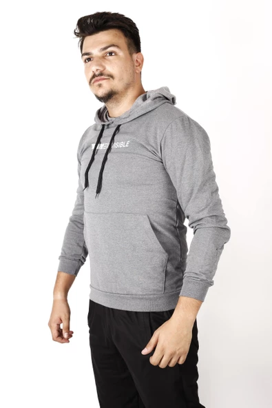 Erkek Füme Invisible Yazılı Kanguru Cep Kapüşonlu Sweatshirt 21ESWTKGVS ürün görseli 1