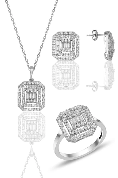 Gümüş Rodyumlu Pırlanta Montürlü Taşlı Baget Üçlü Set SGTL11922RODAJ ürün görseli 1