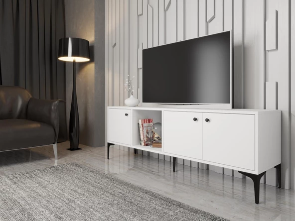 Wood'n Love Hira 160 Cm Metal Ayaklı Tv Ünitesi - Beyaz / Siyah ürün görseli 1