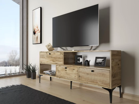 Wood'n Love Katre 150 Cm Metal Ayaklı Tv Ünitesi - Atlantik Çam / Siyah ürün görseli 1