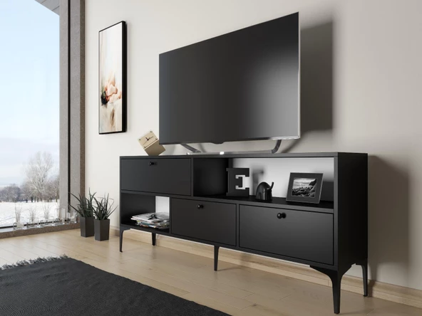 Wood'n Love Katre 150 Cm Metal Ayaklı Tv Ünitesi - Siyah / Siyah ürün görseli 1