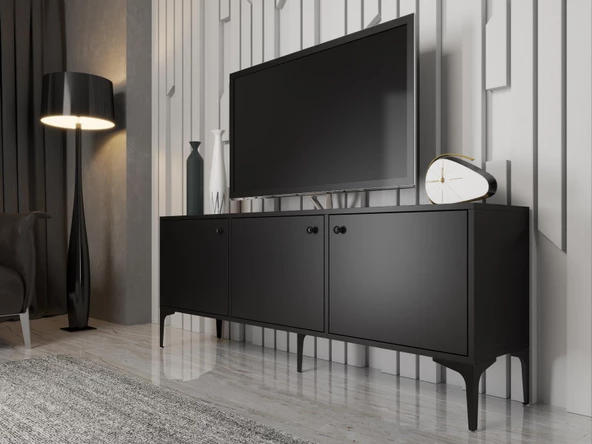 Wood'n Love Bello 160 Cm Metal Ayaklı Tv Ünitesi - Konsol - Siyah / Siyah ürün görseli 1