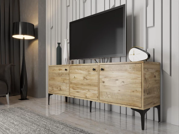 Wood'n Love Bello 160 Cm Metal Ayaklı Tv Ünitesi - Konsol - Atlantik Çam / Siyah ürün görseli 1