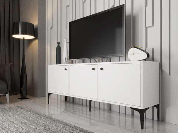 Wood'n Love Bello 160 Cm Metal Ayaklı Tv Ünitesi - Konsol - Beyaz / Siyah ürün görseli 1