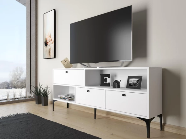 Wood'n Love Katre 150 Cm Metal Ayaklı Tv Ünitesi - Beyaz / Siyah ürün görseli 1
